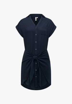 Navy button-up shirt dress with short sleeves, a chest pocket, and a knotted tie detail at the waist. Soft fabric with a smooth texture.