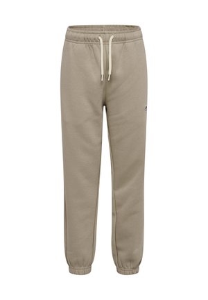 Beige joggingbukser med elastisk talje og manchetter, med hvid snor og et lille logo på den øverste del af det ene ben.