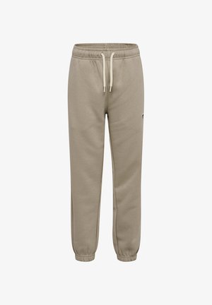 Beige joggingbukser med elastisk talje og manchetter, med hvid snor og et lille logo på den øverste del af det ene ben.
