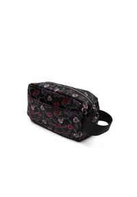 Borsetta cosmetica nera con motivo floreale in rosa, rosso e viola. Dotata di chiusura con zip e manico laterale per un facile trasporto.