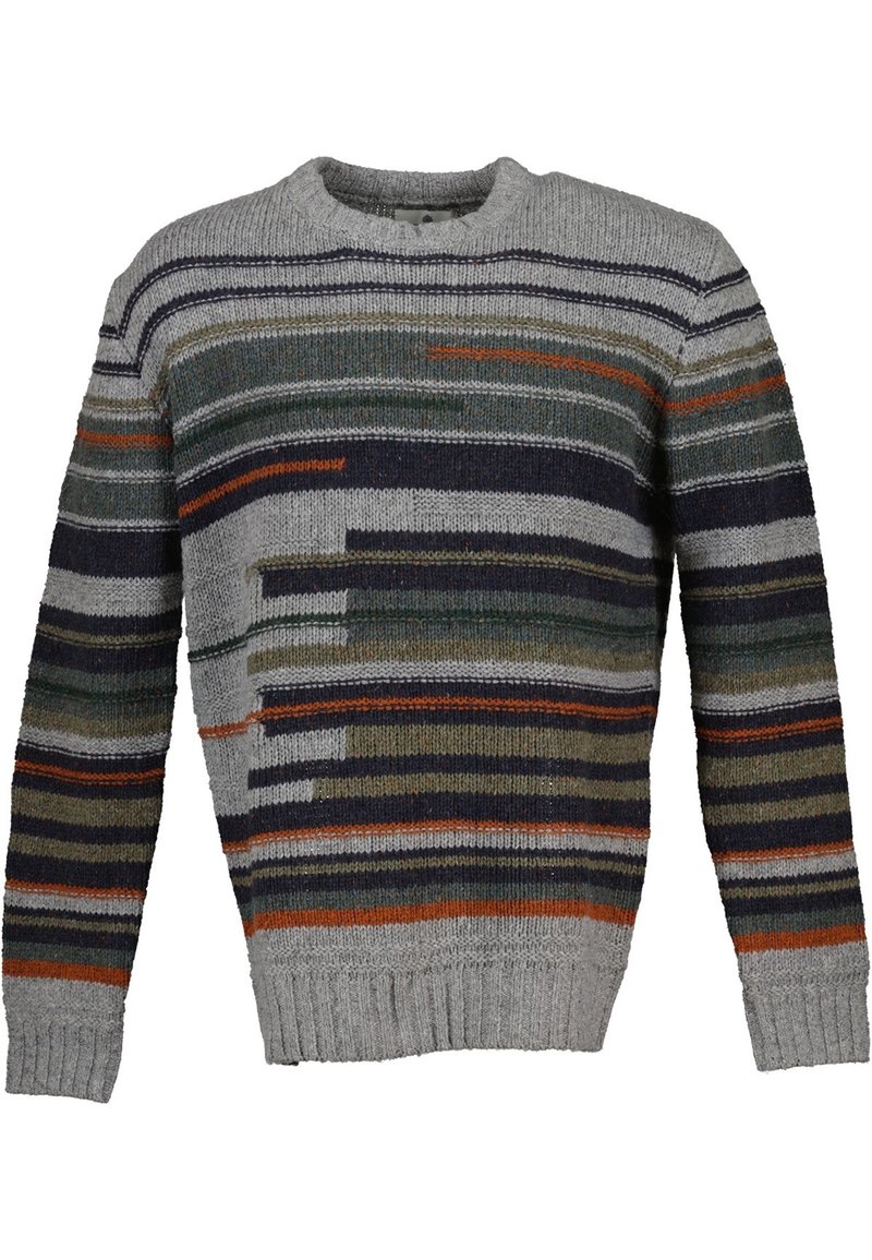 Pull en maille gris avec des bandes horizontales bleu foncé, vert, orange et gris. Col rond et ourlet côtelés, texture de fil de grosseur moyenne.