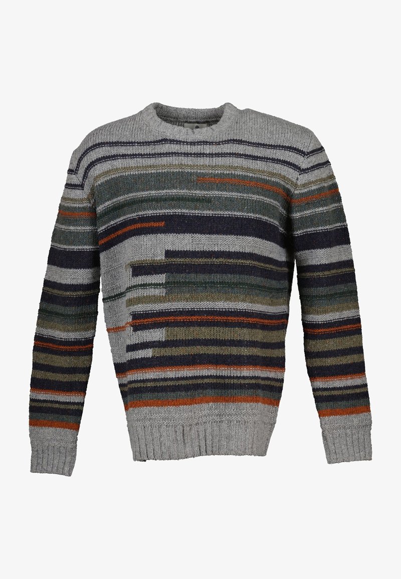 Pull en maille gris avec des bandes horizontales bleu foncé, vert, orange et gris. Col rond et ourlet côtelés, texture de fil de grosseur moyenne.