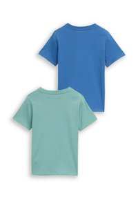 Twee korte mouwen t-shirts: één in blauw en één in lichtgroen. Beide hebben ronde halslijnen en een glad katoenen textuur.