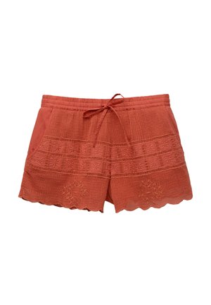 Rostfärgade shorts med en texturerad, vävd design. Vågigt fåll och broderade detaljer ger extra stil. Justerbart midjeband med dragsko.