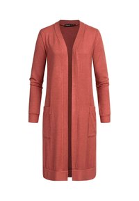 Lang, åpen cardigan i rustfarge, laget av mykt stoff. Har lange ermer, to frontlommer og ribbestrikkede mansjetter og kant.