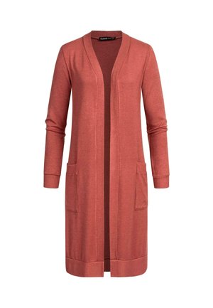 Cardigan lungo e aperto davanti di colore ruggine, realizzato in tessuto morbido. Presenta maniche lunghe, due tasche frontali e polsini e orlo a coste.