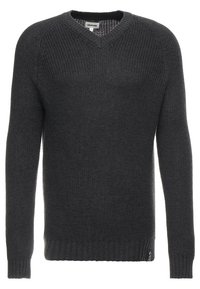 Dunkelgrauer, gestrickter Langarmpullover mit V-Ausschnitt sowie geripptem Saum und Bündchen, mit dem Etikett "Yourturn" in der Halsinnenseite.