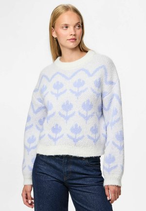 Pull en tricot bleu clair et blanc avec un motif floral, col rond, coupe décontractée et bords côtelés aux poignets et à l'ourlet. Matière douce et texturée.