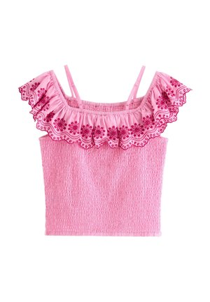 Rosa smocket crop top med tynde justerbare stropper og off-shoulder flæse med broderede blomsterduse mønstre.