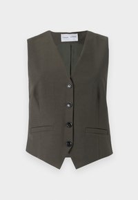 Oliwkowa, dopasowana kamizelka bez rękawów w serek, z pięcioma czarnymi guzikami, dwiema przednimi kieszeniami i lekko spiczastym dołem.