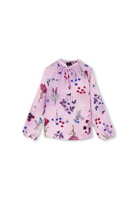 Långärmad, rosa blus med ett blommönster i röd, blå och grön. Den har en rund halsringning med en knytdetalj och elastiska ärmslut.