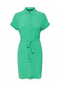 Grön skjortklänning tillverkad av lätt tyg, med knappstängning framtill, korta ärmar, krage och en knytrem vid midjan.