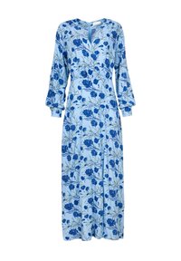 Langærmet maxikjole i lyseblåt stof med et blomsterprint i mørkeblå med grønne stængler, v-udskæring og indsamlet talje.
