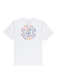 White cotton t-shirt featuring a multicolored circular graphic design made of text in various fonts and sizes, centered on the back.