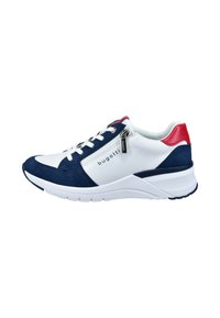 Weiße und marineblaue Sneaker mit Akzenten aus Wildleder und Leder, Schnürung vorne, seitlichem Reißverschluss und einer gepolsterten weißen Außensohle.
