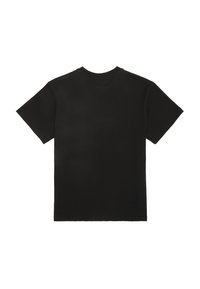 Zwarte T-shirt met korte mouwen van zacht katoen. Heeft een klassieke ronde hals en een gladde textuur zonder patronen of ontwerpen.