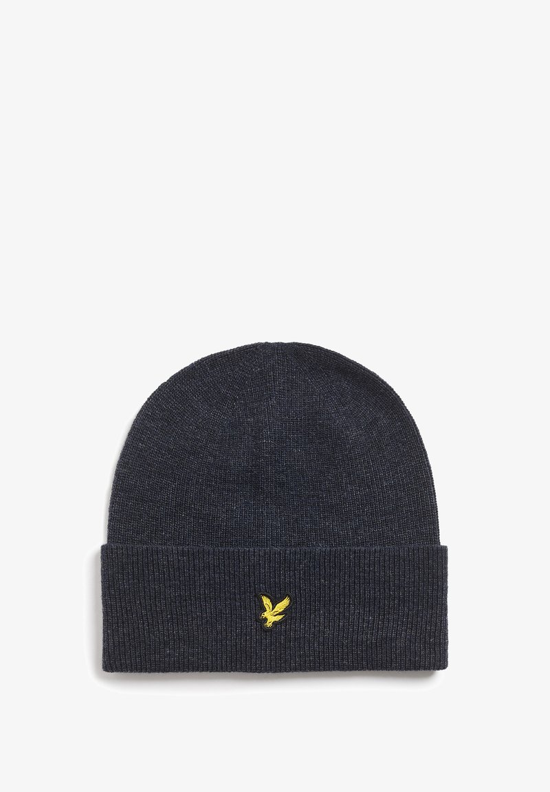 Ciemnoniebieska, prążkowana czapka beanie z podwiniętym brzegiem, z niewielkim żółtym logo ptaszka wyhaftowanym z przodu. Miękka tekstura.