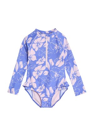 Maillot de bain à manches longues pour filles, base lavande, motif floral rose clair, fermeture éclair à l'avant et petits volants sur les côtés des hanches.