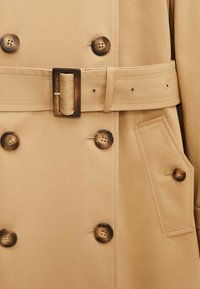 Beige Trenchcoat mit doppelt geknöpftem Verschluss, einem Taillengürtel und seitlichen Taschen. Verfügt über eine glatte Textur und glänzende Knopfdetails.