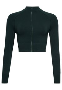 Chaqueta corta de cremallera en verde oscuro con mangas largas, cuello alto y dobladillo acanalado. Material suave con un diseño ajustado.