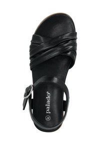 Schwarze Leder-Sandale mit überkreuzten Riemen, verstellbarem Knöchelriemen mit silberner Hardware, glatter Oberfläche und gepolsterter Innensohle.