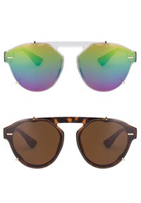 Two pairs of sunglasses: one with clear frames and rainbow gradient lenses, and the other with tortoiseshell frames and dark brown lenses.