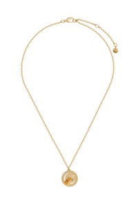 Goldkette mit rundem Anhänger, der ein Design mit Halbmond, Stern und Löwenkopf zeigt.