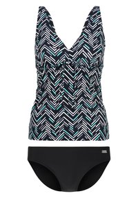 Tankini-set met een marineblauwe top met een geometrisch wit en teal patroon en een effen zwarte onderkant. Glad stof textuur, verstelbare strikjes.