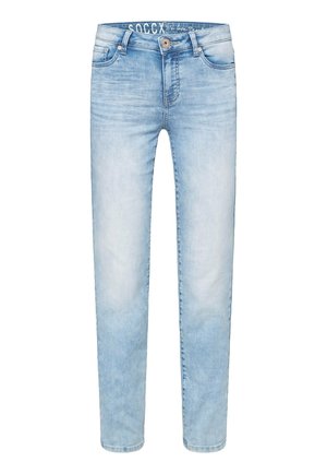 Light blue denim jeans with a straight leg design, featuring five pockets, a button and zipper closure, and a slightly faded texture.