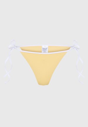 Parte inferiore di bikini gialla in tessuto a coste con spalline bianche annodate su ciascun lato. Presenta un design senza cuciture e un'etichetta sul retro.