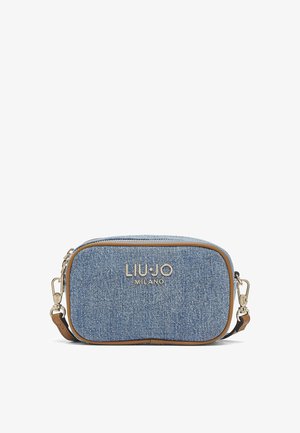 Small rectangular denim crossbody bag with brown trim, gold hardware, and "LIU·JO MILANO" logo on front.