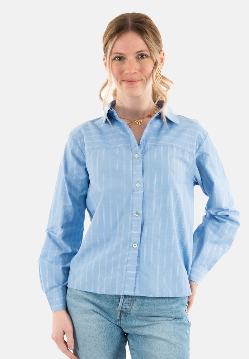 Camicia azzurra chiaro con bottoni, caratterizzata da righe bianche verticali, colletto classico e maniche lunghe, realizzata in tessuto morbido e con una vestibilità comoda.