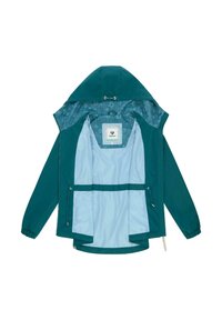 Teblå hettejakke med lys blå innvendig fôr, hettefôr med blomstermønster, elastiske mansjetter og justerbare snorer i livet, åpen foran med glidelås.