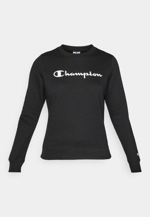 Black sweatshirt made of cotton with a crew neckline. Features a white "Champion" logo across the chest and ribbed cuffs.
