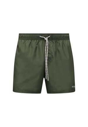 Pantaloni da bagno verdi realizzati in tessuto liscio, con vita elasticizzata, chiusura con cordino e un piccolo logo sull'orlo.