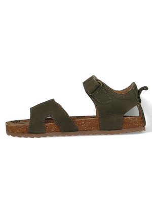 Grüne Leder-Sandale mit Korksohle, ausgestattet mit zwei verstellbaren Riemen, offenen Seiten und einem strukturierten Profil für guten Halt.