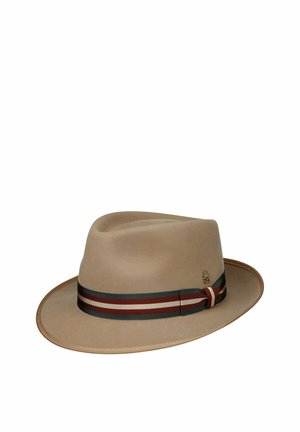 Tan fedora hat with a wide brim and a striped red, white, and black ribbon band around the crown.