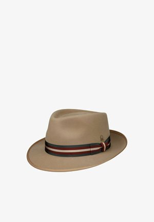 Tan fedora hat with a wide brim and a striped red, white, and black ribbon band around the crown.