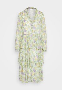 Květinové šaty s volánkovým výstřihem, dlouhými rukávy a vrstvenými sukni. Mají kombinaci zelených, žlutých a fialových květin na světlém pozadí.