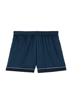 Marinblå shorts med elastisk midja, slät textur och vit piping längs kanten. Designade för komfort och rörelsefrihet.