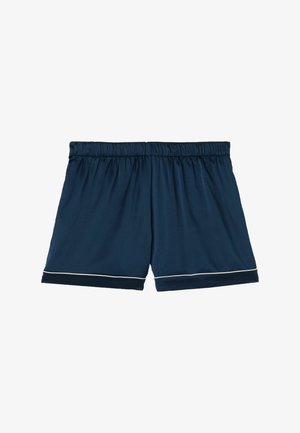 Marinblå shorts med elastisk midja, slät textur och vit piping längs kanten. Designade för komfort och rörelsefrihet.