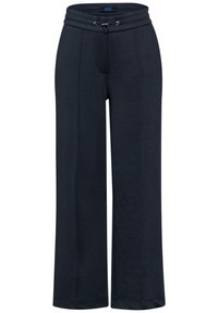 Pantaloni neri a gamba larga realizzati in tessuto testurizzato, con vita elastica e cordino, e cuciture laterali per un tocco di dettaglio.