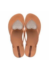 Le ciabatte flip-flop marroni presentano una suola testurizzata, un'elegante decorazione in strass argento a forma di cuore e un accento con logo marrone sulla cinghia.