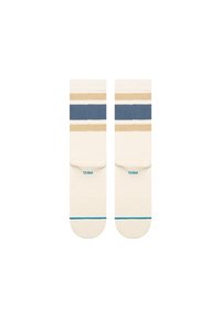 Cremefarvede sokker med vandrette striber i beige og marineblå, med en turkis accent ved tåen og et struktureret mønster på sålen.