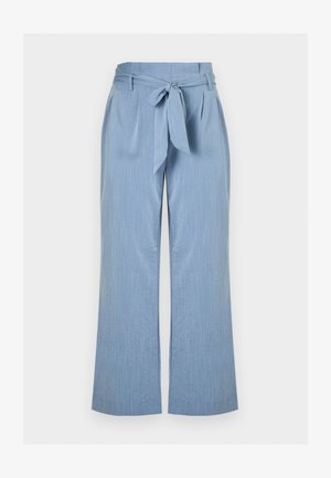 Φωτεινά γαλάζια παντελόνια φαρδιάς γραμμής με ψηλή μέση, υφασμάτινη ζώνη δεμένη μπροστά και διακριτή κάθετη υφή.