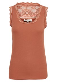 Top a canotta rigata in terracotta con bordo in pizzo smerlato sul collo e sulle spalle, con un motivo floreale semi-trasparente sul retro.