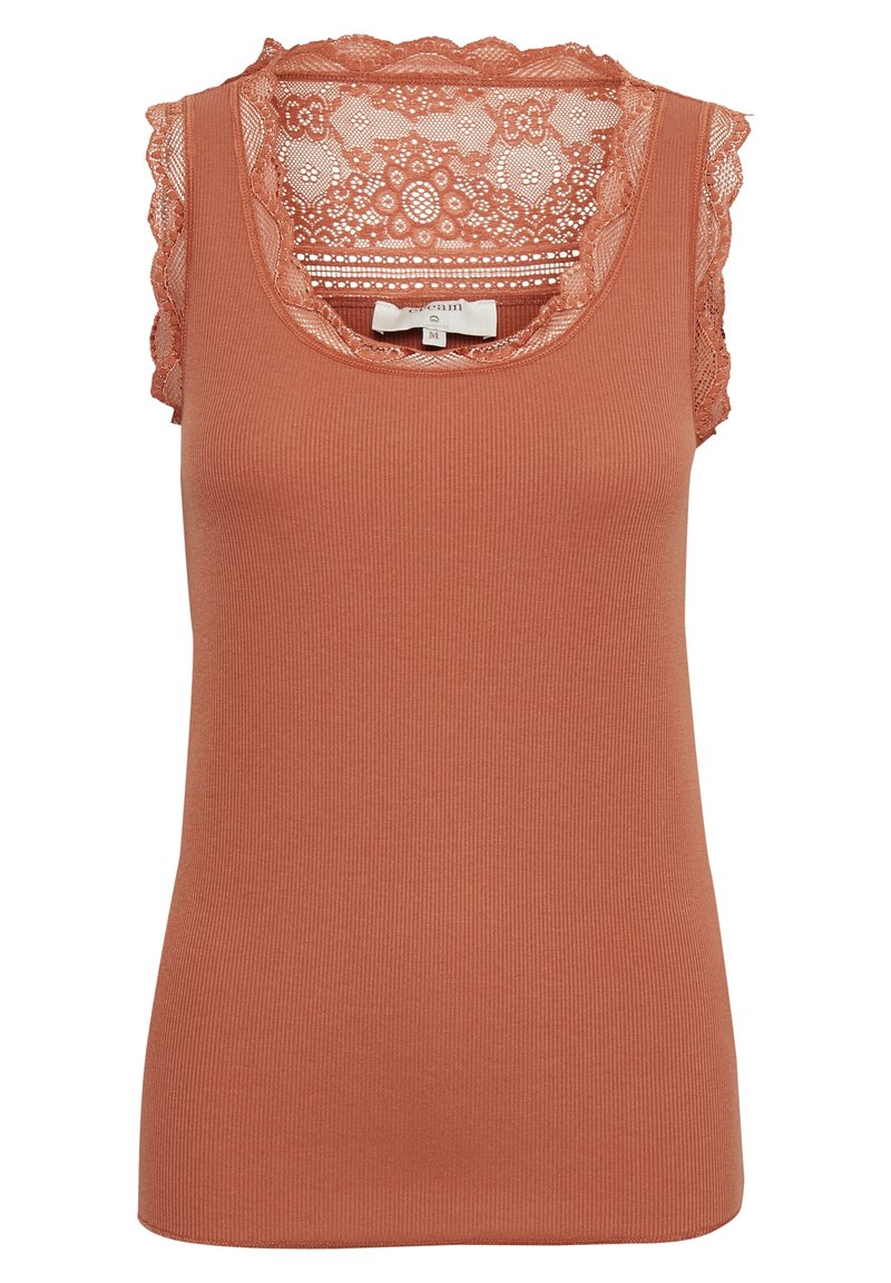 Top a canotta rigata in terracotta con bordo in pizzo smerlato sul collo e sulle spalle, con un motivo floreale semi-trasparente sul retro.