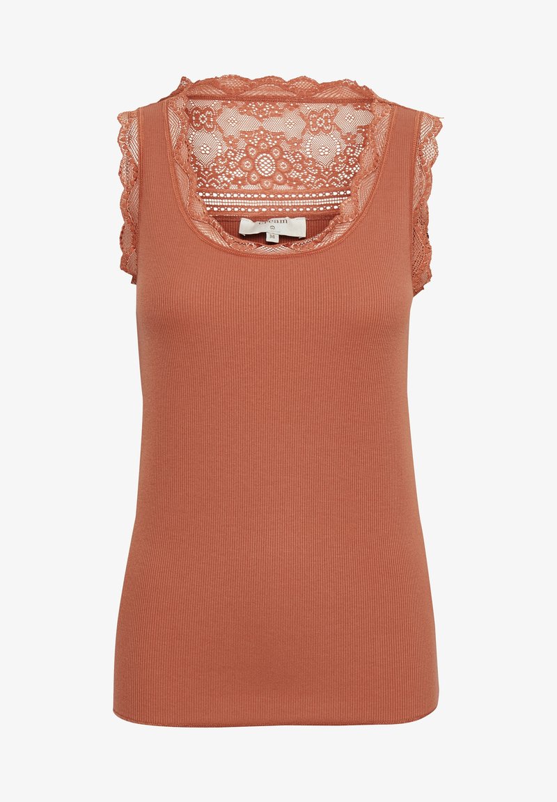 Top a canotta rigata in terracotta con bordo in pizzo smerlato sul collo e sulle spalle, con un motivo floreale semi-trasparente sul retro.