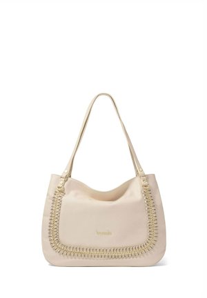 Borsa beige con una texture liscia, caratterizzata da cuciture decorative lungo il bordo e dettagli in metallo dorato. Inclusi i manici per la spalla.