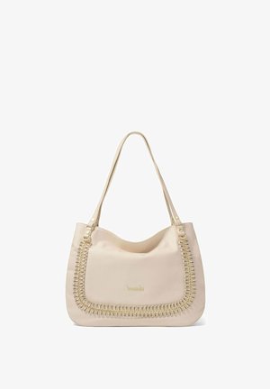 Borsa beige con una texture liscia, caratterizzata da cuciture decorative lungo il bordo e dettagli in metallo dorato. Inclusi i manici per la spalla.